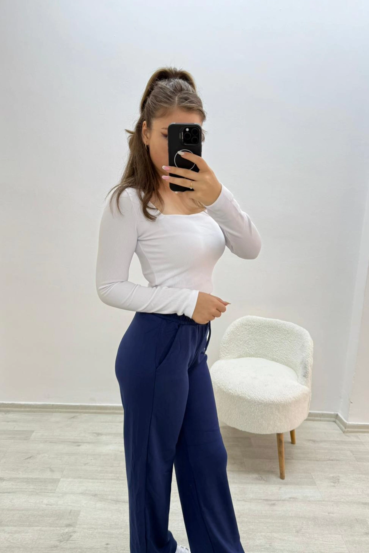 Yüksek Bel Beli Lastikli Lacivert Eşofman Altı