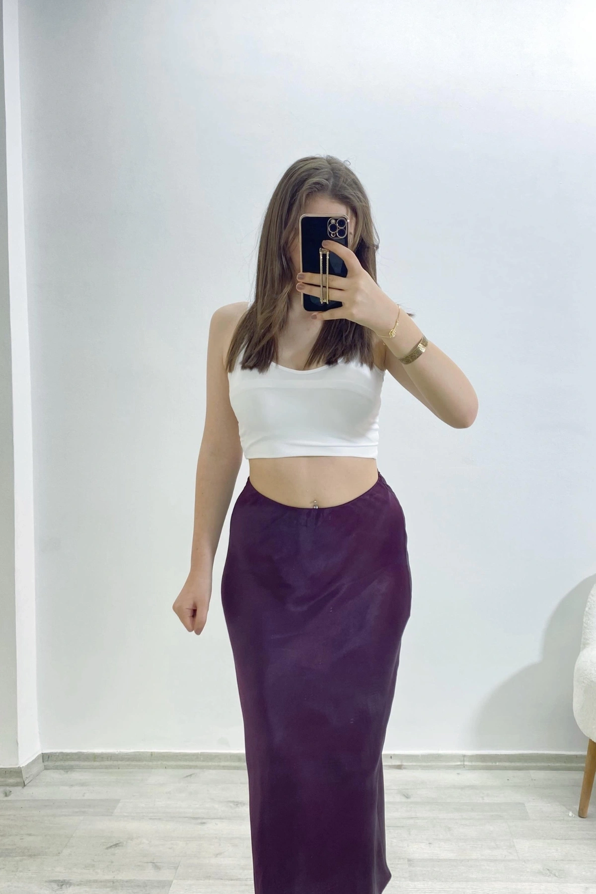 Yüksek Bel Mor Saten Uzun Etek