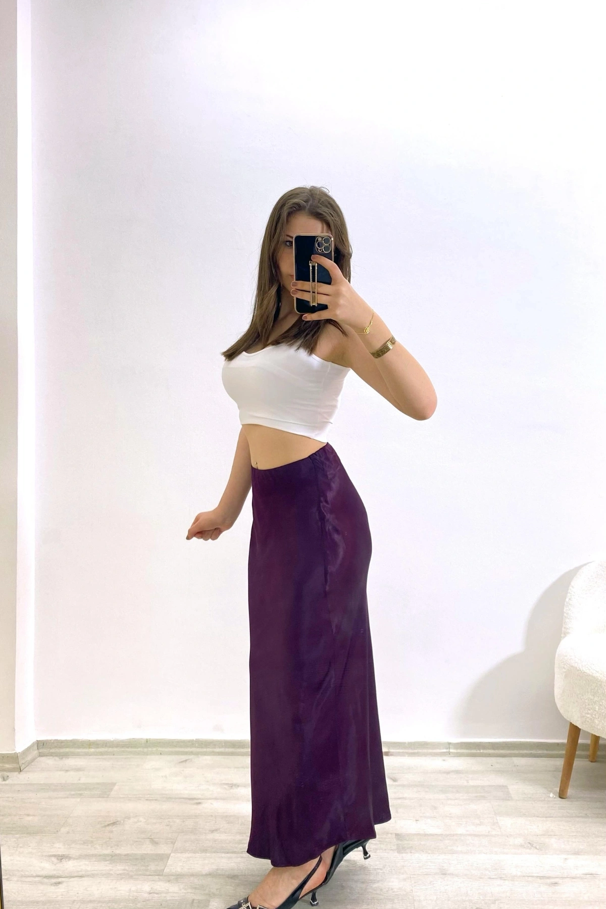 Yüksek Bel Mor Saten Uzun Etek