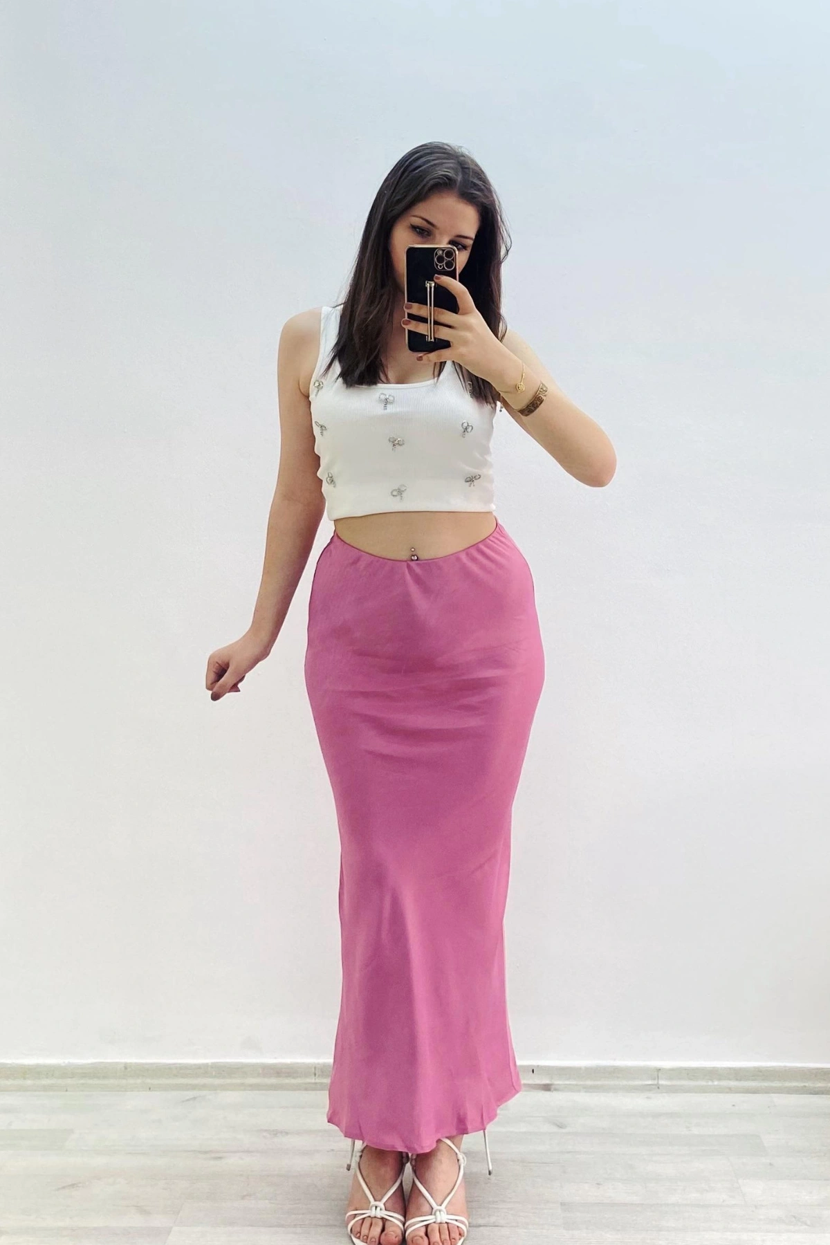 Yüksek Bel Pembe Saten Uzun Etek