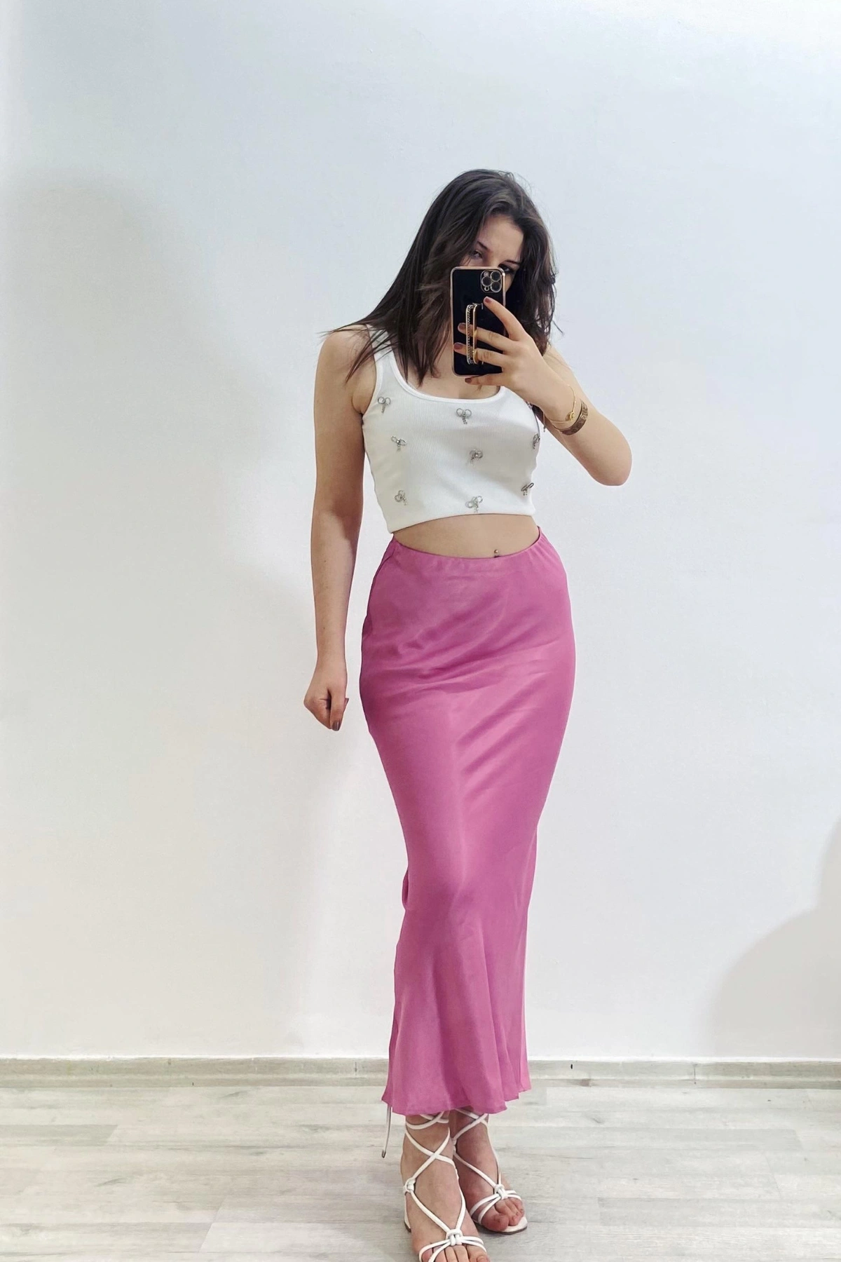 Yüksek Bel Pembe Saten Uzun Etek