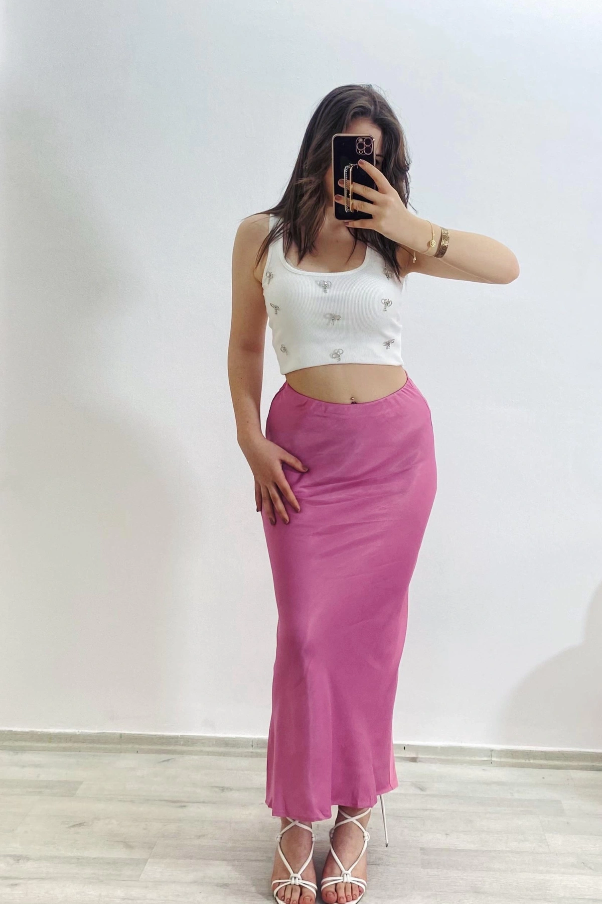 Yüksek Bel Pembe Saten Uzun Etek