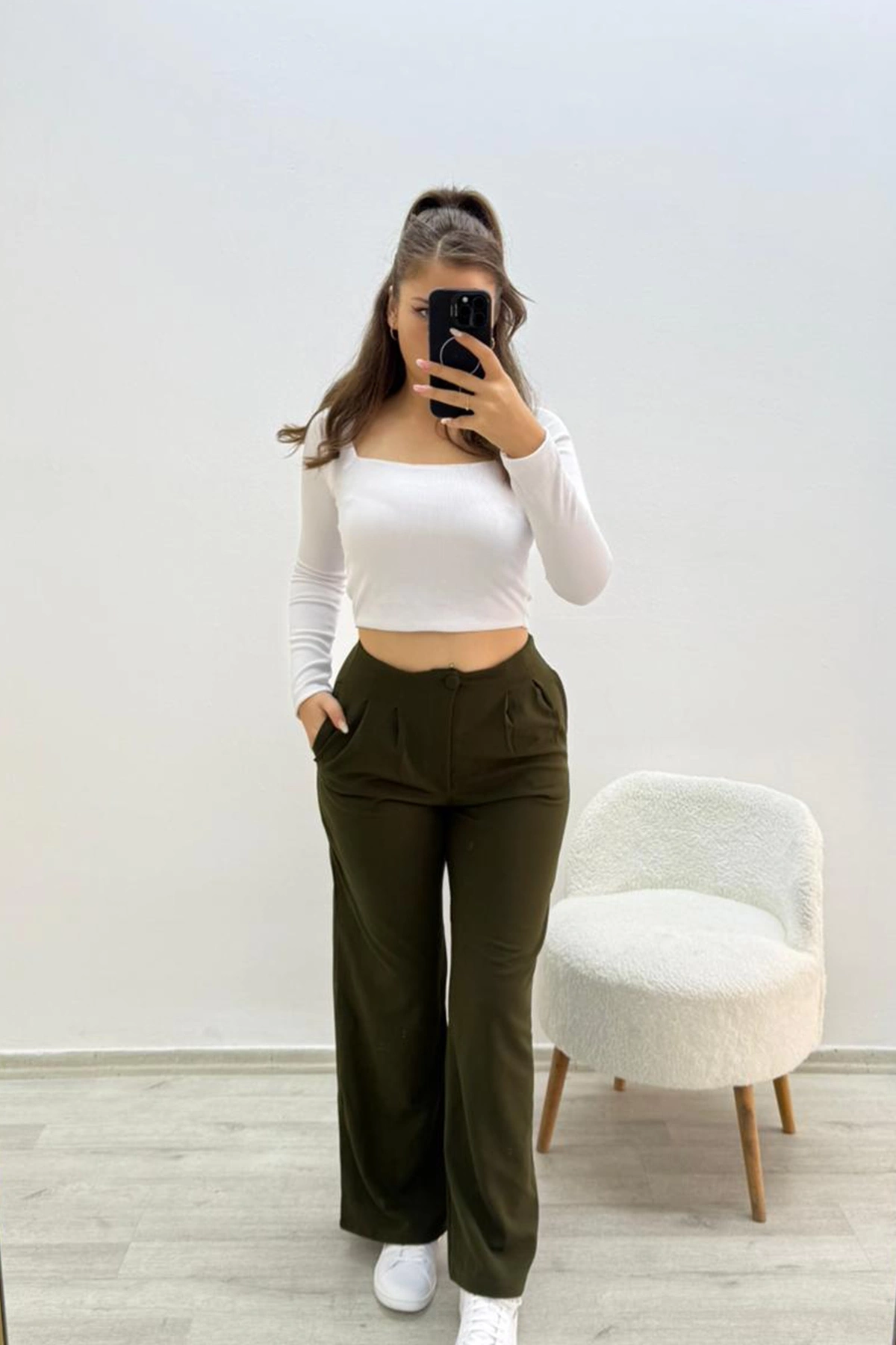 Yüksek Bel Beli Lastikli Plazo Yeşil Pantolon