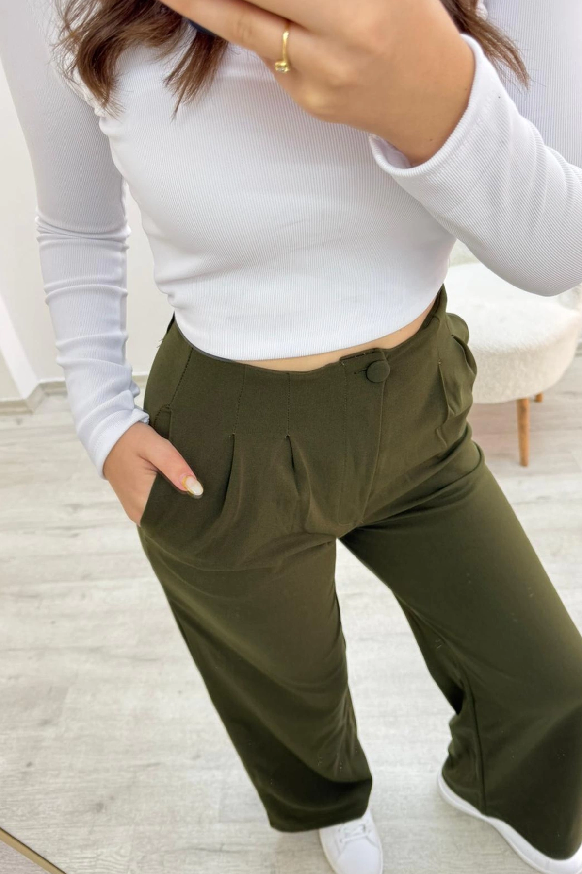 Yüksek Bel Beli Lastikli Plazo Yeşil Pantolon