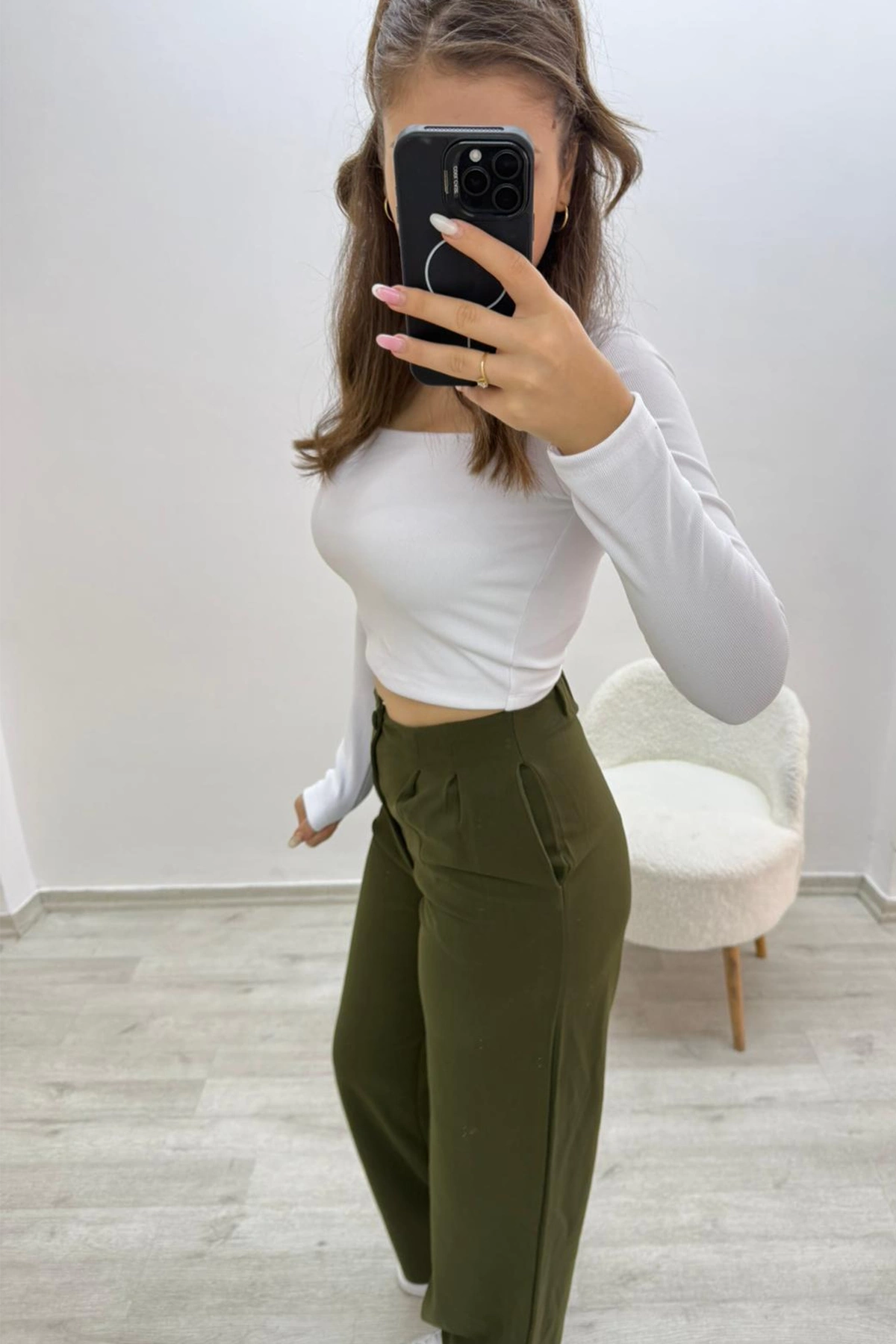 Yüksek Bel Beli Lastikli Plazo Yeşil Pantolon