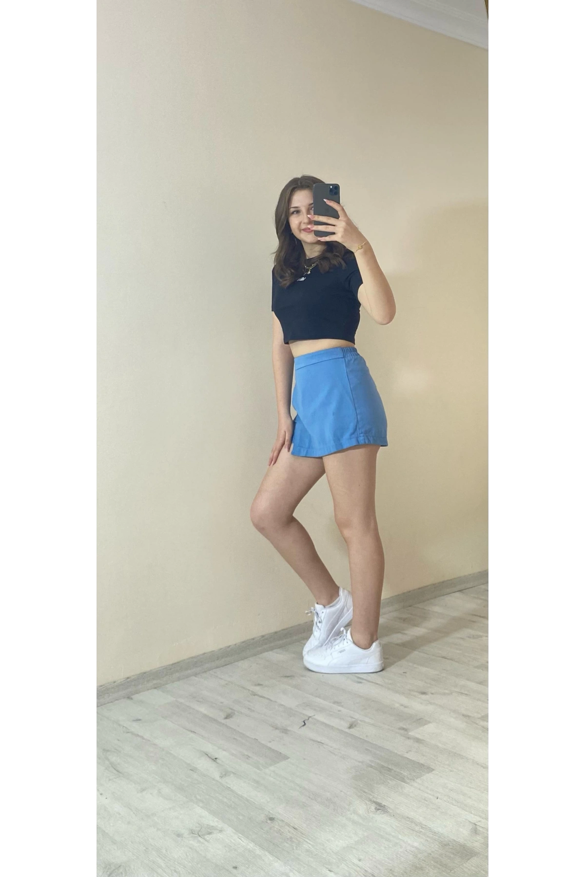 Yüksek Bel Şort Etek – Mavi