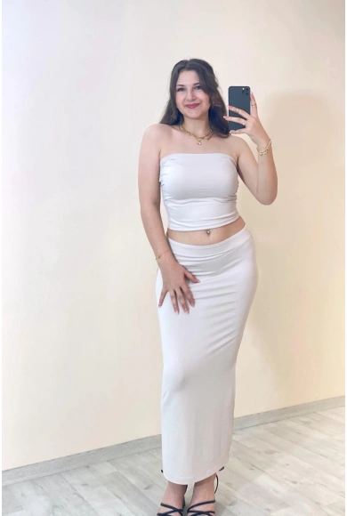 Bandeau Bustier & Maxi Etek Takım Beyaz