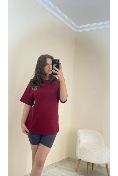 Baskılı Oversize Tişört Bordo