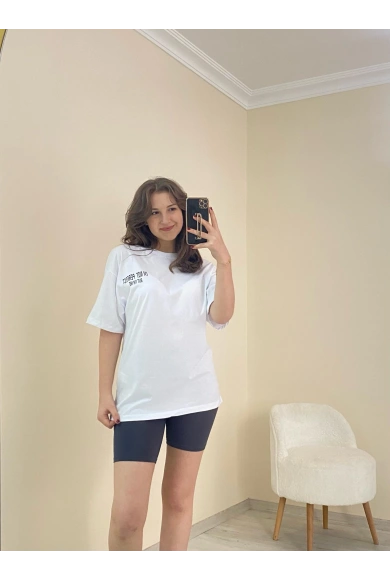 Baskılı Oversize Tişört Beyaz