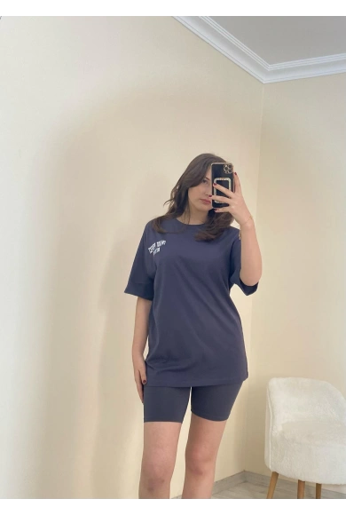 Baskılı Oversize Tişört Füme