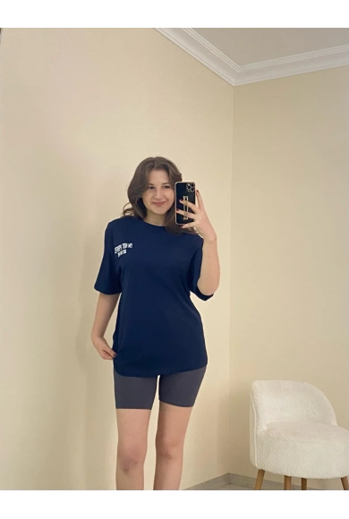 Baskılı Oversize Tişört Lacivert