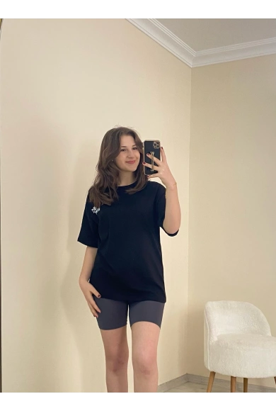 Baskılı Oversize Tişört Siyah