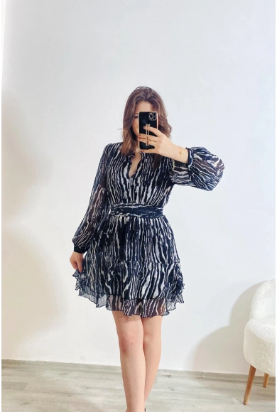 Beli Lastikli Astarlı Tül Mini Elbise