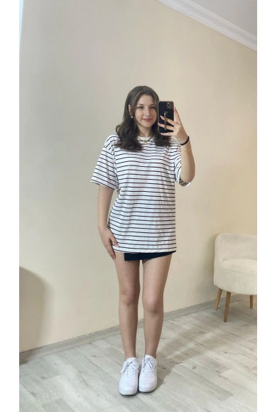 Bordo Çizgili Oversize Tişört