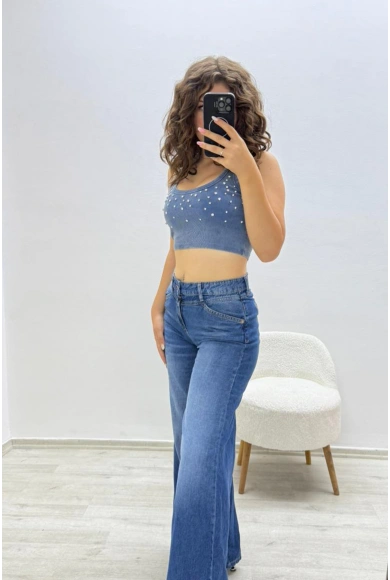 Yüksek Bel Rahat Fit Koyu Mavi Pantolon