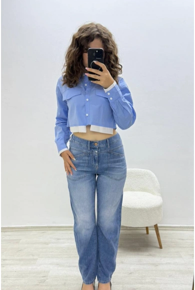 Cepli Geniş Paça Mavi Jean Pantolon