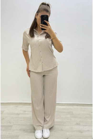 Çizgili Ekru Alt Üst Takım
