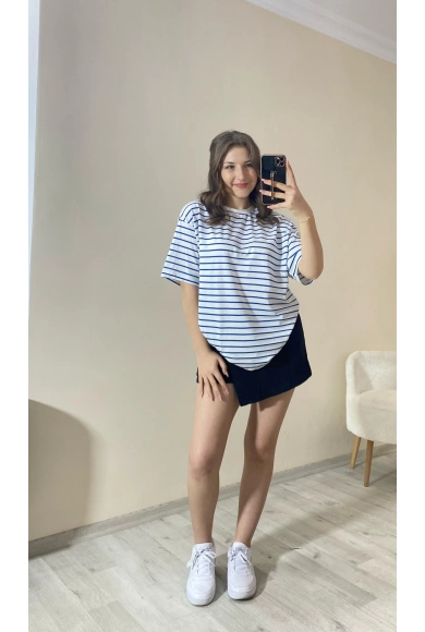 Mavi Çizgili Oversize Tişört
