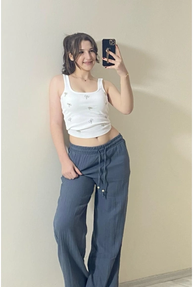 El İşlemeli Beyaz Ribana Crop Atlet