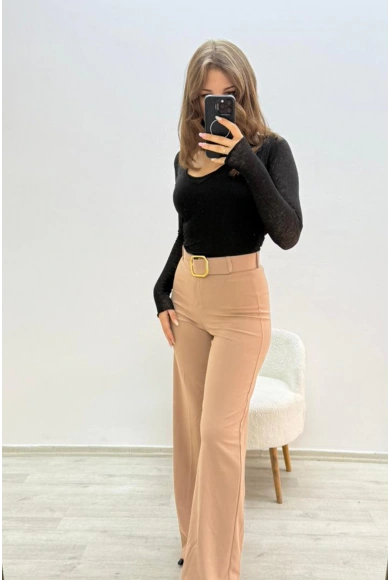 Kemerli Plazo Ultra Yüksek Bel Kahverengi Pantolon