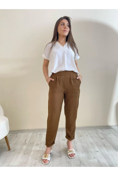 Flamalı Keten Duble Paça Pantolon Camel