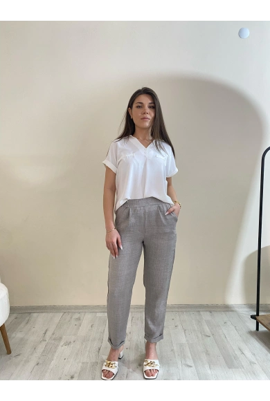 Flamalı Keten Duble Paça Pantolon Gri Renk