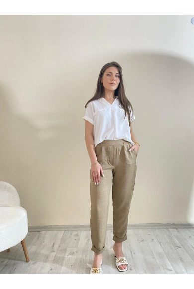 Flamalı Keten Duble Paça Pantolon Kahve