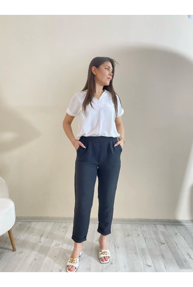 Flamalı Keten Duble Paça Pantolon Siyah