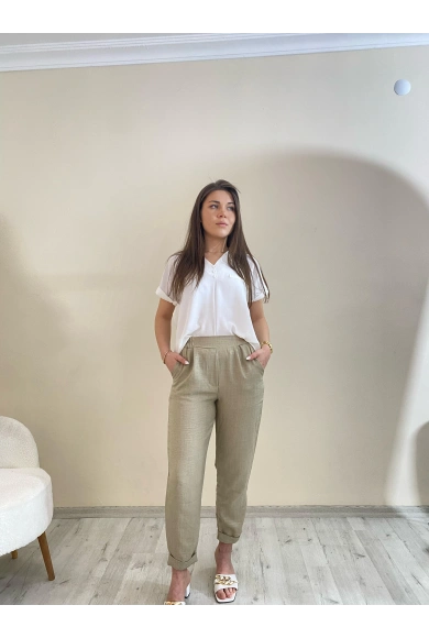 Flamalı Keten Duble Paça Pantolon Taş Rengi