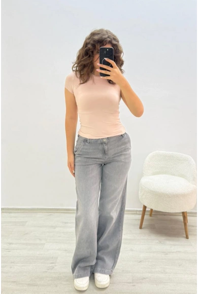 Geniş Paça Gri Jean Pantolon