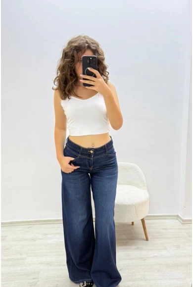 Geniş Paça Koyu Mavi Jean Pantolon