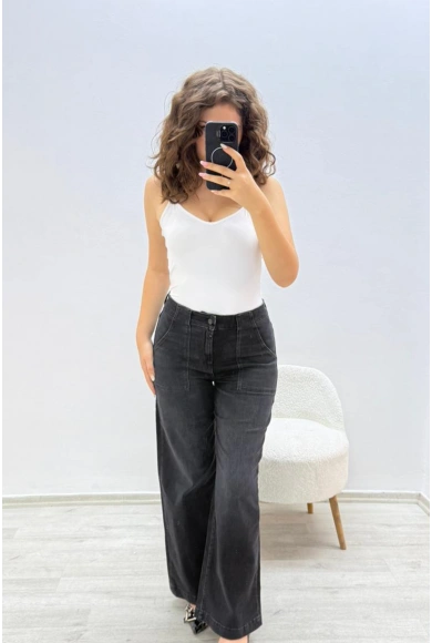 Geniş Paça Siyah Jean Pantolon