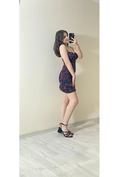 İçi Astarlı Dokuma Tül Elbise Çiçekli