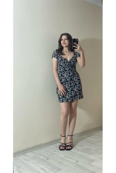 İçi Astarlı Dokuma Tül Elbise Siyah Çiçekli