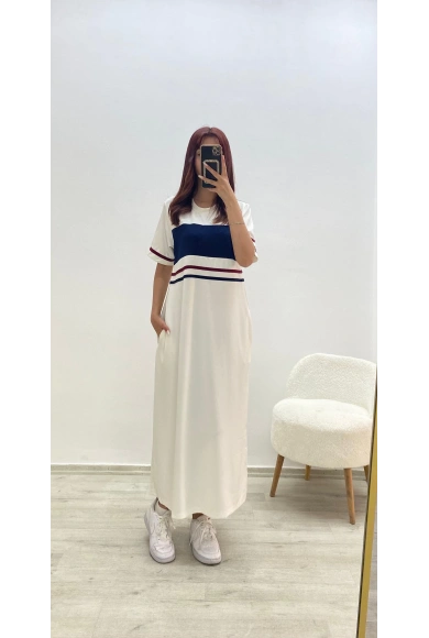 Bloklu Cepli Spor Elbise Beyaz