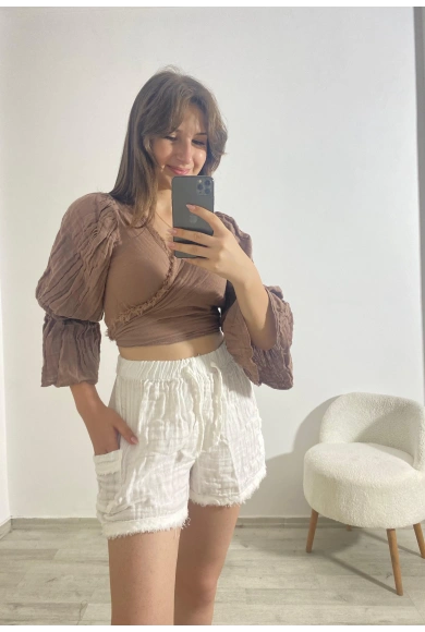 Büzgülü Şort Beyaz