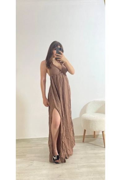 Askılı Yırtmaç Detaylı Yazlık Uzun Elbise Camel