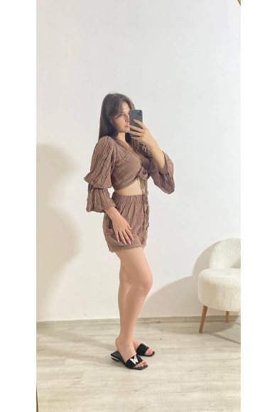 Büzgülü Crop Ve Şort İkili Yazlık Takım Camel