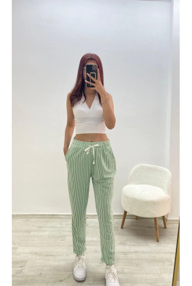 Çizgili Rahat Kesim Pantolon Yeşil