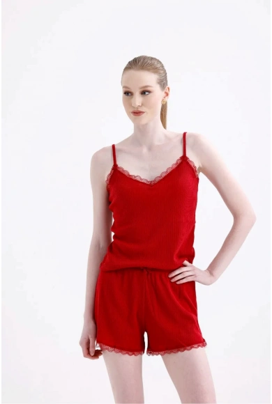 Dantel Detaylı İnce Askılı Şortlu Ev Giyim Takım Kırmızı