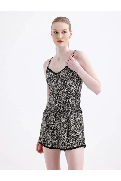 Dantel Detaylı İnce Askılı Şortlu Ev Giyim Takım Leopar