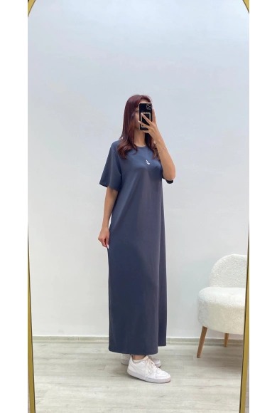 Kuş Baskılı Elbise Füme