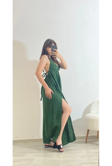 Askılı Yırtmaç Detaylı Yazlık Uzun Elbise Haki