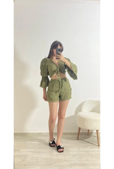 Büzgülü Crop Ve Şort İkili Yazlık Takım Haki