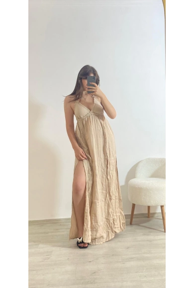 Askılı Yırtmaç Detaylı Yazlık Uzun Elbise Kahve