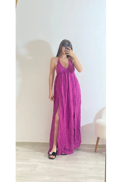 Askılı Yırtmaç Detaylı Yazlık Uzun Elbise Lila Koyu