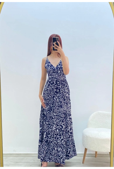 Askılı Belmando Desenli İp Askılı Elbise Lacivert