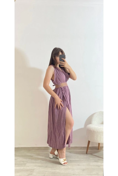 Keten Görünümlü Bel Detaylı Yırtmaçlı Yazlık Elbise Lila