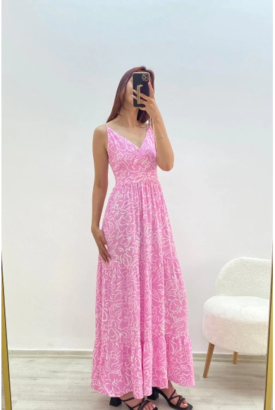 Askılı Belmando Desenli İp Askılı Elbise Pembe