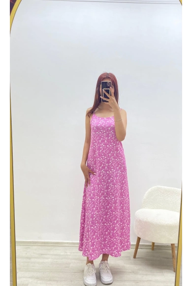 Askılı Çiçek Desenli Yazlık Elbise Pembe